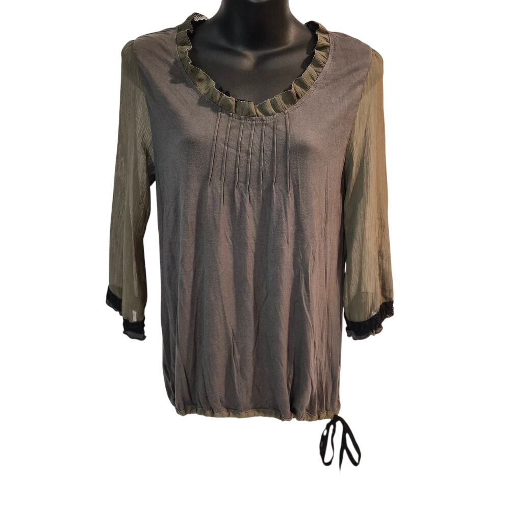 Wardrobe by Petite Mixed Media Ruffle Neck Top Olive Grey Lace Trim Medium‎